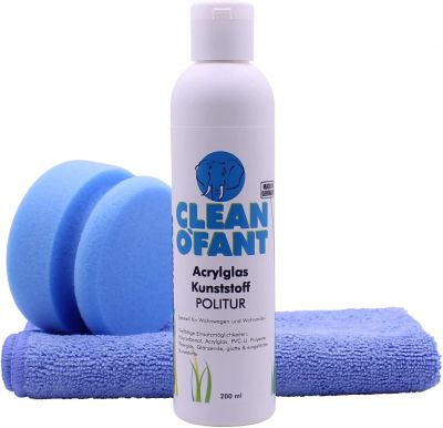 CLEANOFANT Acrylglas-Kunststoff-POLITUR Set - mit 200 ml Politur, 1 x Poliermaus BLAU-medium, 1 x Mikrofaser-Poliertuch - für Wohnwagen-, Wohnmobil-, Caravan-Fenster, Lichtkuppeln 