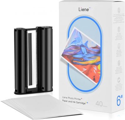 Liene -Packung mit 40 Fotopapieren und 1 Tintenpatrone für Liene Fotodrucker im Format 100x150 mm, Fotopapieren im Format 4"x 6", Dreifarbige Tintenpatrone für Thermosublimationsdruck 