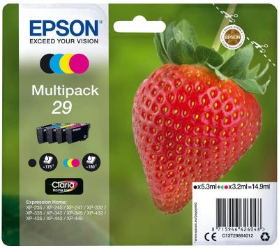 Epson Original 29 Tinte Erdbeere, XP-235 XP-332 XP-335 XP-432 XP-435 XP-245 XP-342 XP-345 XP-442 XP-445 XP-247 XP-257 XP-255 XP-352 XP-355 XP-452 XP-455, (Multipack 4-farbig)