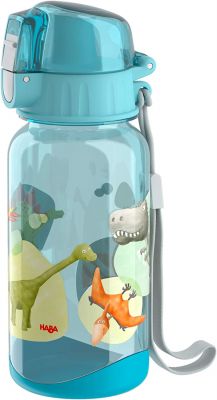 HABA 305152 - Trinkflasche Dinos, 400 ml Kindertrinkflasche mit Dino-Motiv, mit großer Öffnung und Verschlusskappe, läuft nicht aus, BPA-freier Kunststoff, für die Spülmaschine