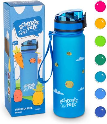 Schmatzfatz Trinkflasche Kinder Auslaufsicher - 500ml, Trinkflasche Kohlensäure geeignet, Wasserflasche BPA frei mit 1-Klick Verschluss - Kinderflasche für Kindergarten und Schule, Bienen Blau