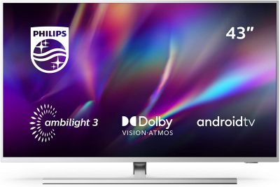 Philips TV Ambilight 43PUS8505/12 43 Zoll LED TV (4K UHD, P5 Perfect Picture Engine, Dolby Vision, Dolby Atmos, HDR 10+, Sprachassistent, Android TV) Hellsilber [Modelljahr 2020] [Energieklasse G]