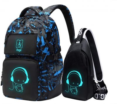 Asge Rucksack Jungen Schulrucksack Mädchen Teenager Jugendliche Coole Schule Daypacks Kinder Reflektierender Schultasche Outdoor Camping Groß Schulranzen Wasserdicht Ranzen Schultertaschen Set (Blau)