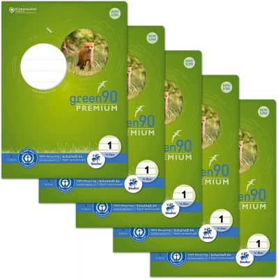 Staufen Green Heft - DIN A4, Lineatur 1 (5/5/5mm liniert farbig), 16 Blatt, 90g/m² Recyclingpapier, runde Ecken verhindern „Eselsohren“, 4 verschiedene Motive (keine Auswahl möglich), 5 Stück 