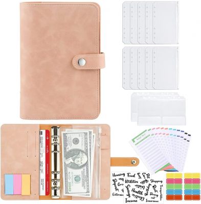 A6 Binder Budget Notizbuch, 6 Löcher Loseblatt Notizbuch mit 10pcs Binder Taschen Etikettenaufklebern Spesenbudgetblätter Notebook Ringbuchordner (Altrosa) 