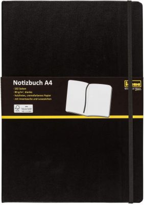 Idena 10053 - Notizbuch DIN A4, blanko, Papier cremefarben, 192 Seiten, 80 g/m², Hardcover in Schwarz, 1 Stück 