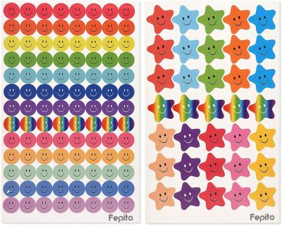 FEPITO 10 Blatt 695 Stück Smiley Happy Face Aufkleber und Smiley Star Aufkleber für Lehrer, Eltern Kinder Craft Scrap Books Dekoration, Multi Color 