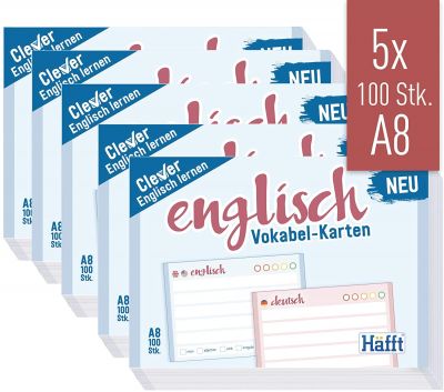 Häfft Vokabel-Karten A8 Englisch liniert, 500 Stück | 2 Seiten: Englisch/Deutsch | Ampel-Prinzip für das Langzeitgedächtnis | passend für gängige Lernboxen, handlich für unterwegs 