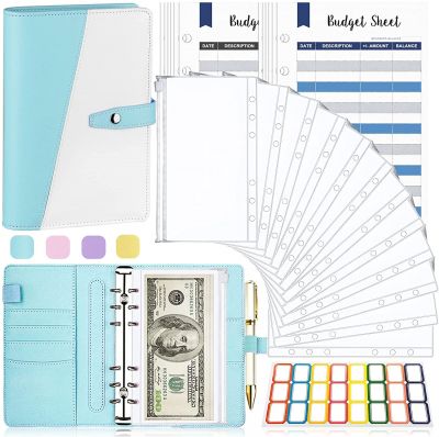 Binder Notizbuch A6, TAOPE 26Pcs PU Leder Loseblatt Notizbuch Nachfüllbar, 6 Löcher Binderumschlägen, Ringbuchordner&Weiche PVC Tasche mit Reißverschluss, für Bargeld/Budget/Geldsparen/Bankkarten-Blau 