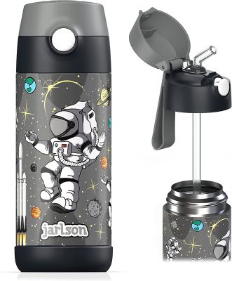 JARLSON® Trinkflasche Kinder - TÜV geprüft -Thermo Edelstahl Wasserflasche 350ml - BPA frei - auslaufsicher - Kinderflasche mit Strohhalm - Flasche für Schule, Kindergarten (Astronaut)