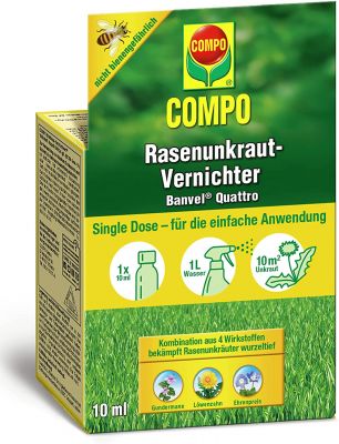COMPO Rasenunkraut-Vernichter Banvel Quattro (Nachfolger Banvel M), Bekämpfung von schwerbekämpfbaren Unkräutern im Rasen, Konzentrat, Single Dose, 10 ml, 10 m² 