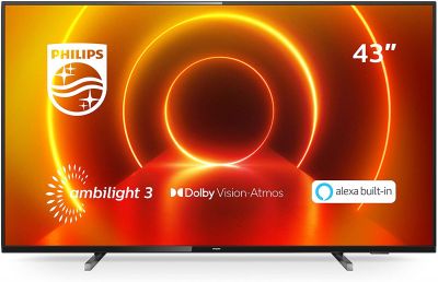 Philips Ambilight 43PUS7805/12 Fernseher 108 cm (43 Zoll) LED TV (4K UHD, P5 Engine, Dolby Vision, Dolby Atmos, HDR 10+, Alexa Sprachsteuerung, Saphi Smart TV, HDMI) Grau/Silber [Modelljahr 2020] [Energieklasse G]