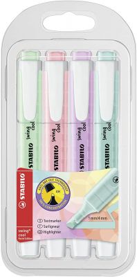 Textmarker - STABILO swing cool Pastel - 4er Pack - Hauch von Minzgrün, rosiges Rouge, Schimmer von Lila, zartes Türkis 