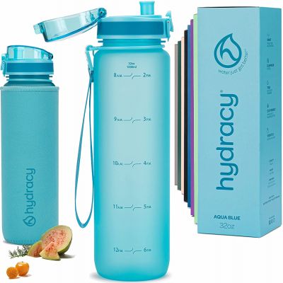 Hydracy Trinkflasche mit Infuser und Zeitmarkierung - 1Liter BPA-Frei Auslaufsicher Sportflasche - Kondenswasserfrei Wasserflasche - Ideal für Sport und Outdooraktivität - Aqua Blau